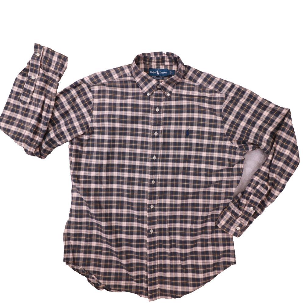 Ralph Lauren Classic Fit Black Beige Tartan Plaid Button Up shirt size Large - Picture 1 of 9